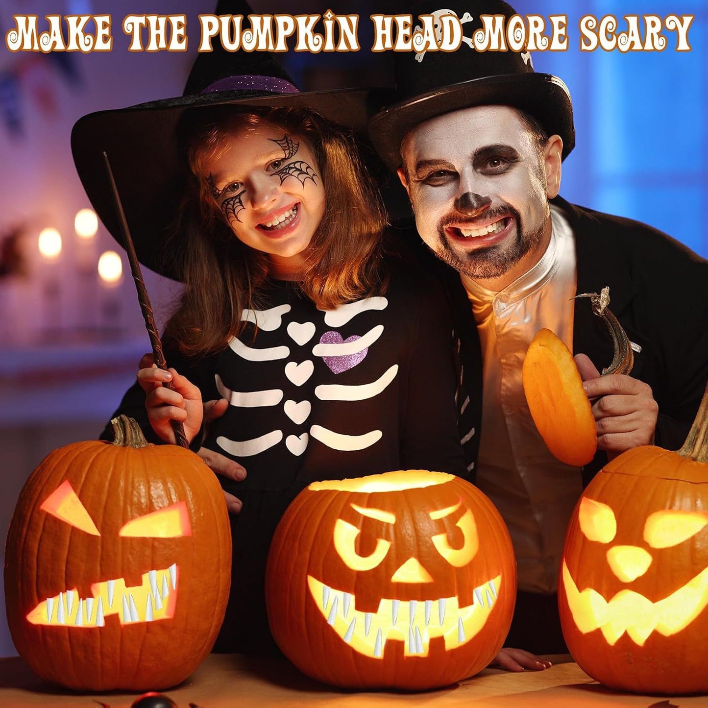 32 Pack Halloween Pumpkin Teeth Decorations, Plastic Fake Teeth Pumpkin Fang Decorating Kit, Horror Theme Party Decorations Carving Accessories, White