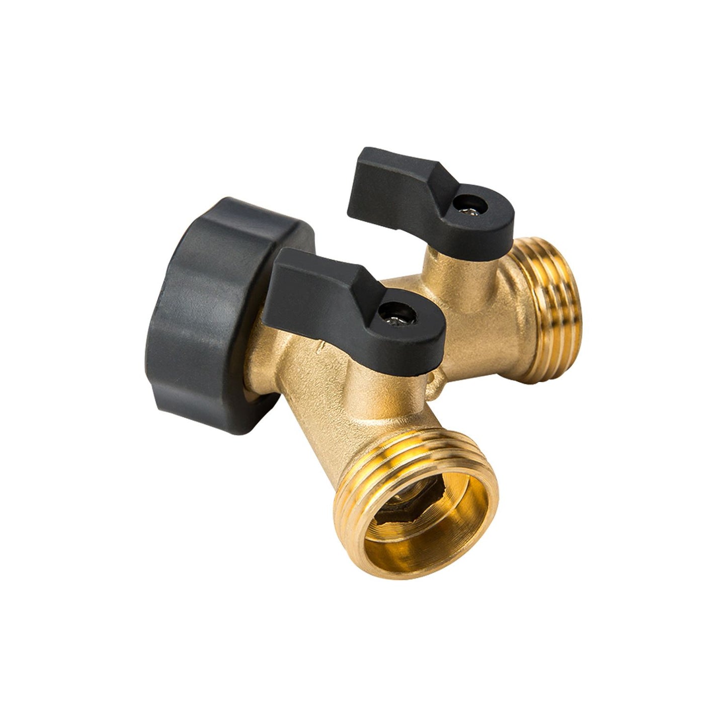 Brass Garden Hose Y Splitter with 2 Shut-Off Valves, 3/4 Inch Threaded Dual Outlet Tap Connector for Watering and Car Washing