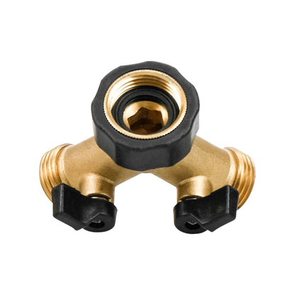 Brass Garden Hose Y Splitter with 2 Shut-Off Valves, 3/4 Inch Threaded Dual Outlet Tap Connector for Watering and Car Washing