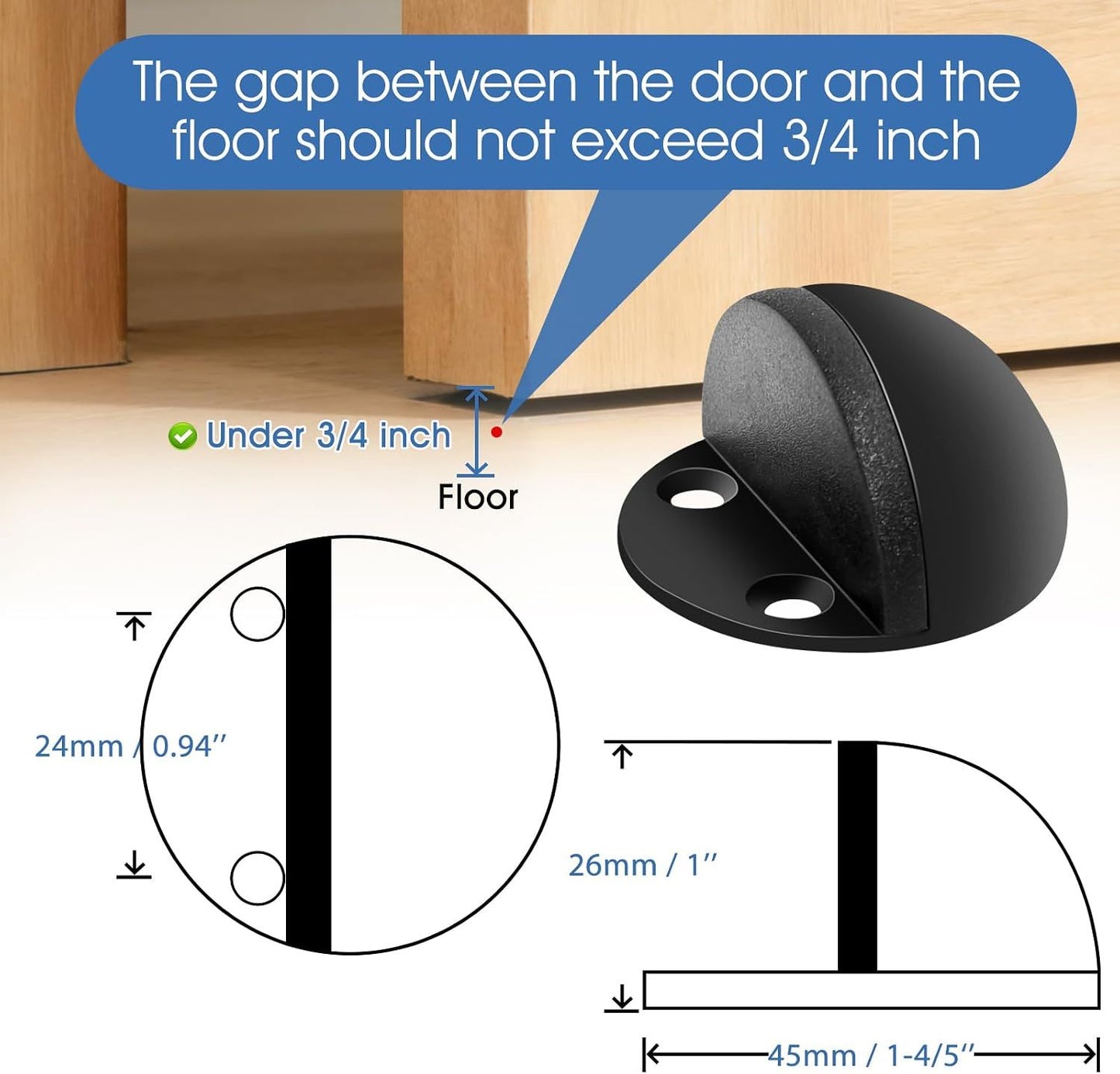 2 Pack Stainless Steel Door Stops with Rubber Buffers, Self-Adhesive or Screw Mount Wall Protectors, Matte Black, 4.8 x 2.5 cm