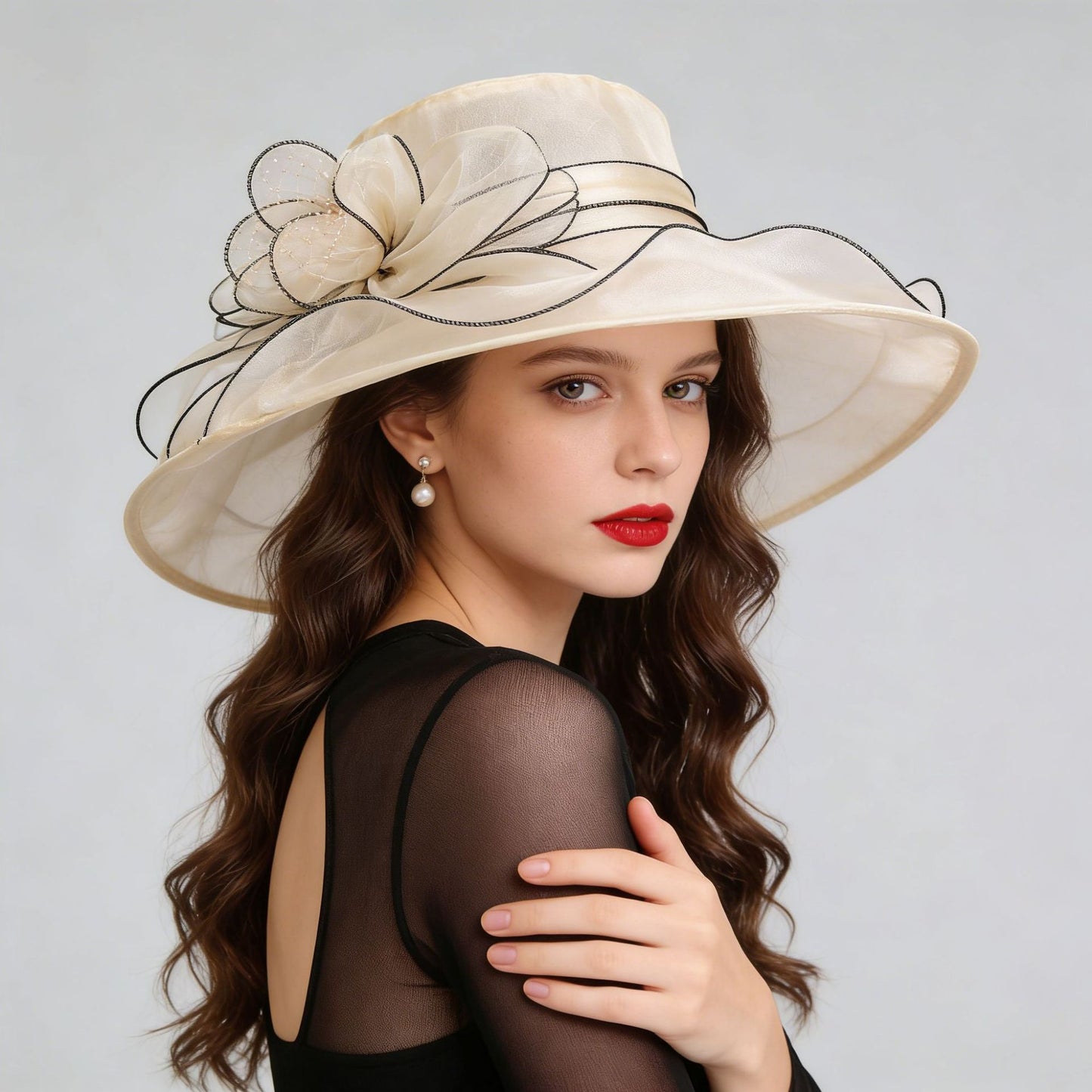 Women's Foldable Organza Wide Brim Sun Hat with Breathable Mesh Design for Beach, Travel and Garden Wear, Black, 56-58 cm