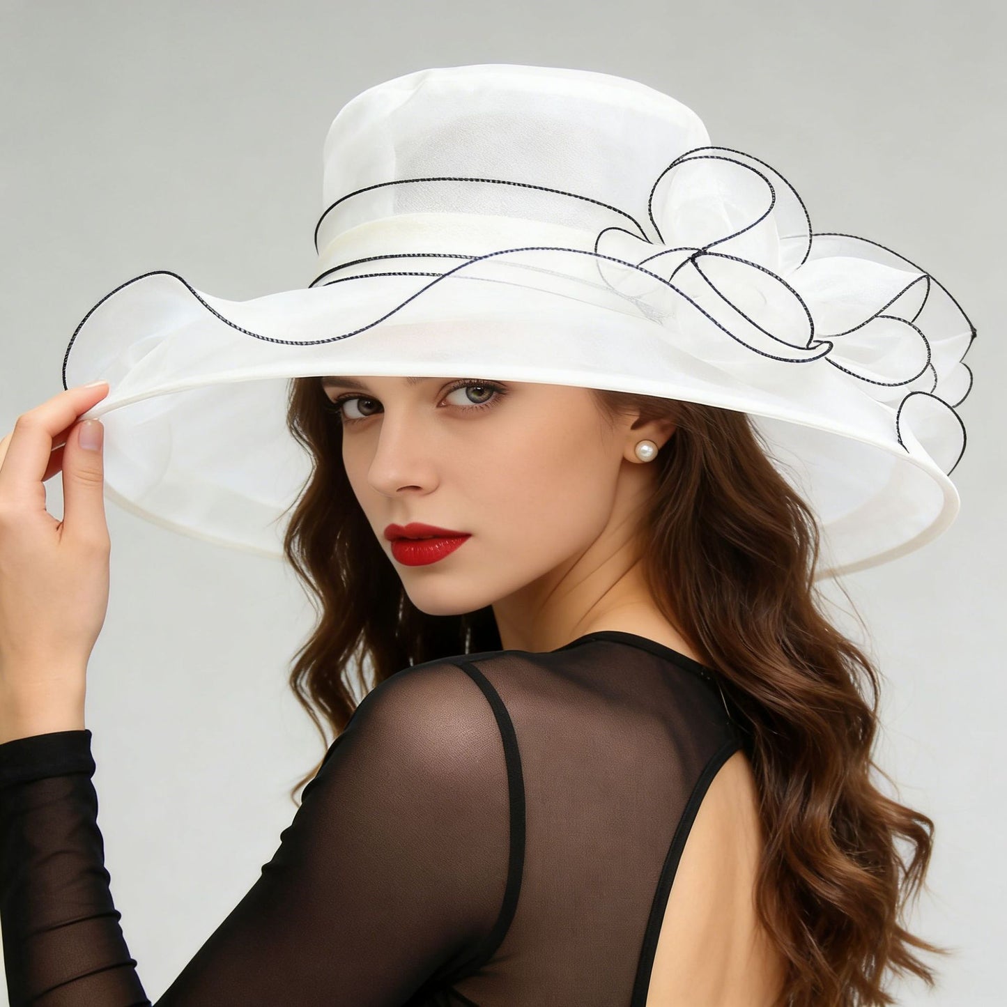 Women's Foldable Organza Wide Brim Sun Hat with Breathable Mesh Design for Beach, Travel and Garden Wear, Black, 56-58 cm