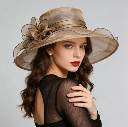 Women's Foldable Organza Wide Brim Sun Hat with Breathable Mesh Design for Beach, Travel and Garden Wear, Beige, 56-58 cm