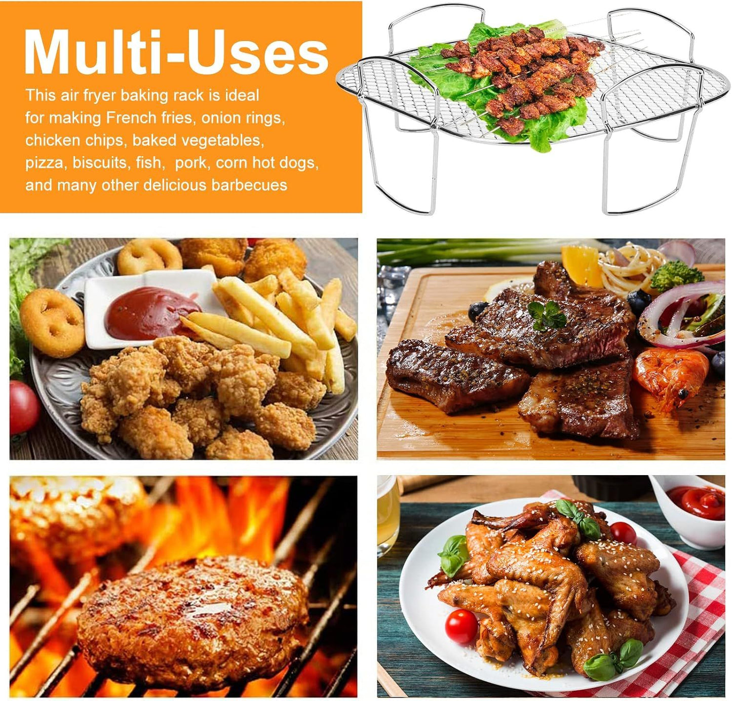 Square Stainless Steel Air Fryer Basket Rack with Raised Mesh Base for Crisp Cooking, Roasting and Baking, Silver, 20 x 20 x 9 cm