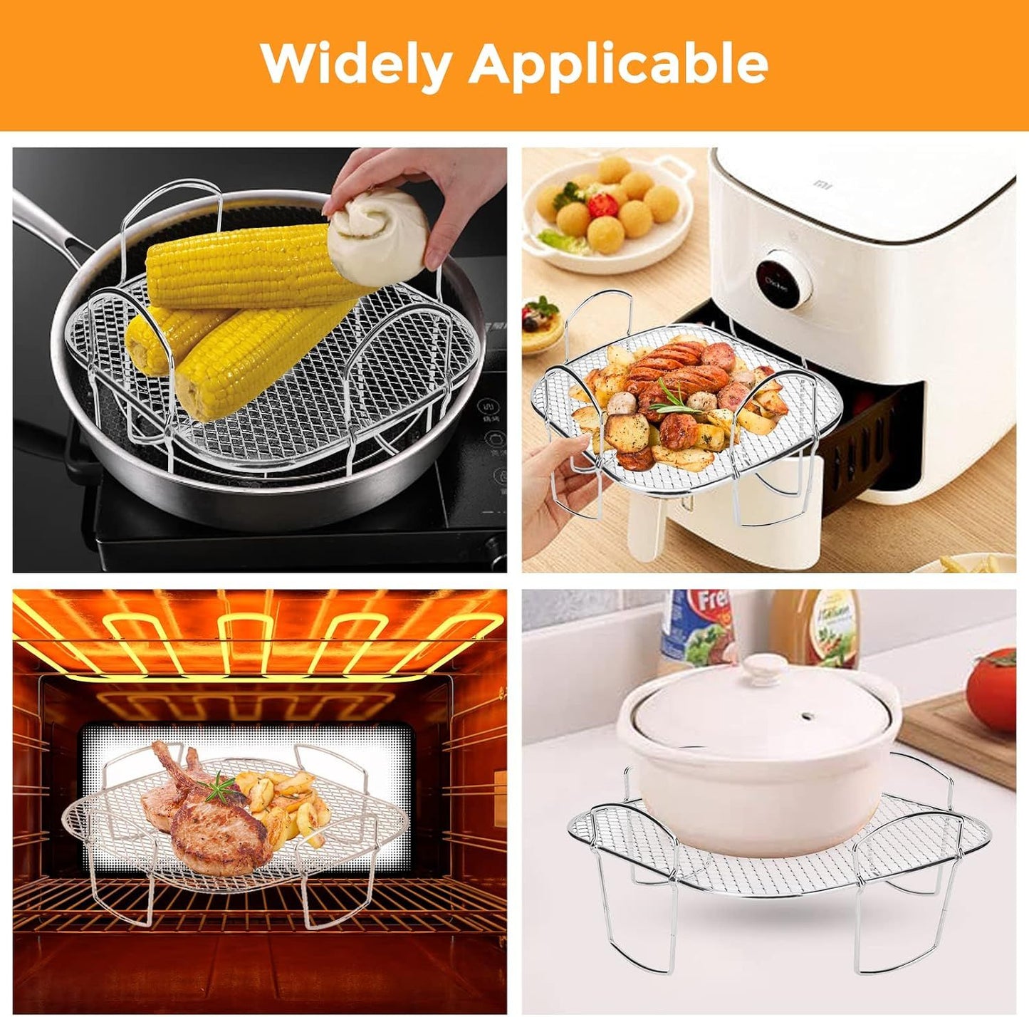 Square Stainless Steel Air Fryer Basket Rack with Raised Mesh Base for Crisp Cooking, Roasting and Baking, Silver, 20 x 20 x 9 cm