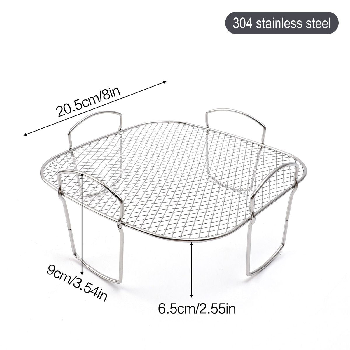 Square Stainless Steel Air Fryer Basket Rack with Raised Mesh Base for Crisp Cooking, Roasting and Baking, Silver, 20 x 20 x 9 cm