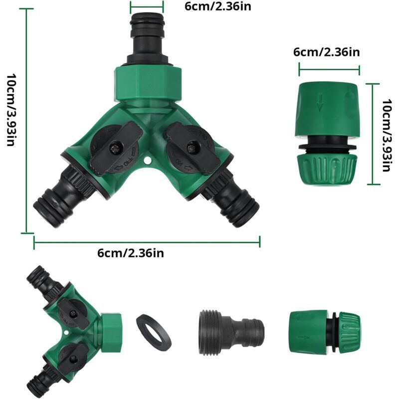 Garden Hose Connector, Garden Hose End, Y Hose Splitter, Garden Hose Tap Adapter, Gardena Connector with 2 Valve Outlets for Garden Tap, Green Finish