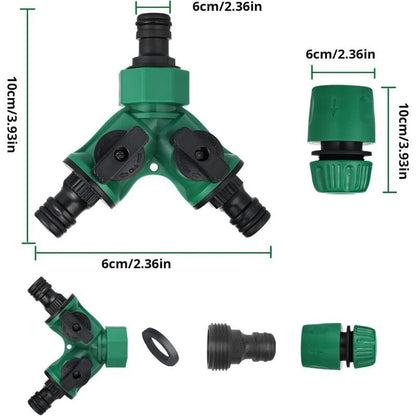 Garden Hose Connector, Garden Hose End, Y Hose Splitter, Garden Hose Tap Adapter, Gardena Connector with 2 Valve Outlets for Garden Tap, Green Finish