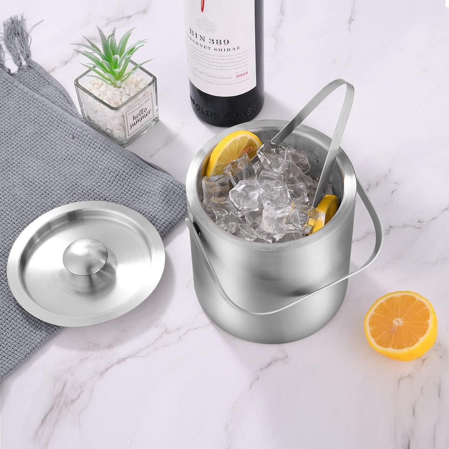 Mini Ice Bucket Portable Double Wall Ice Bucket ,Stainless Steel Hotel Bucket/Champagne/Beverage Bucket,Size 1.3 Liters,Serveware for Party,Event,and Camping