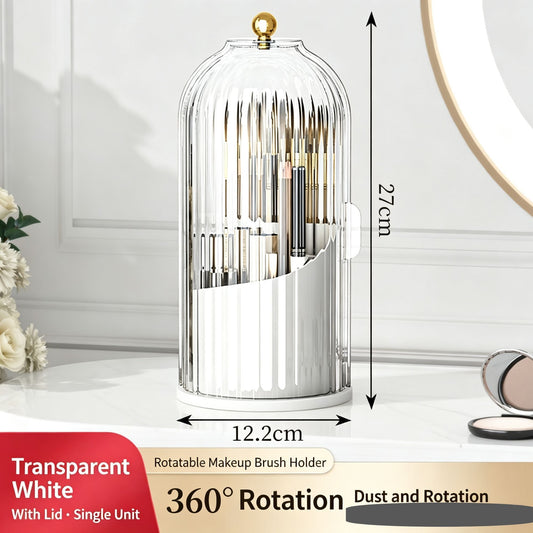 Rotating Birdcage Desk & Vanity Organiser, Dustproof Divided Storage Holder for Cosmetics, Skincare, Stationery, Toothbrushes & Cutlery, Transparent White, Christmas & Halloween Household Gift