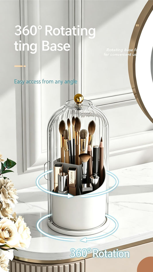 Rotating Birdcage Desk & Vanity Organiser, Dustproof Divided Storage Holder for Cosmetics, Skincare, Stationery, Toothbrushes & Cutlery, Transparent White, Christmas & Halloween Household Gift