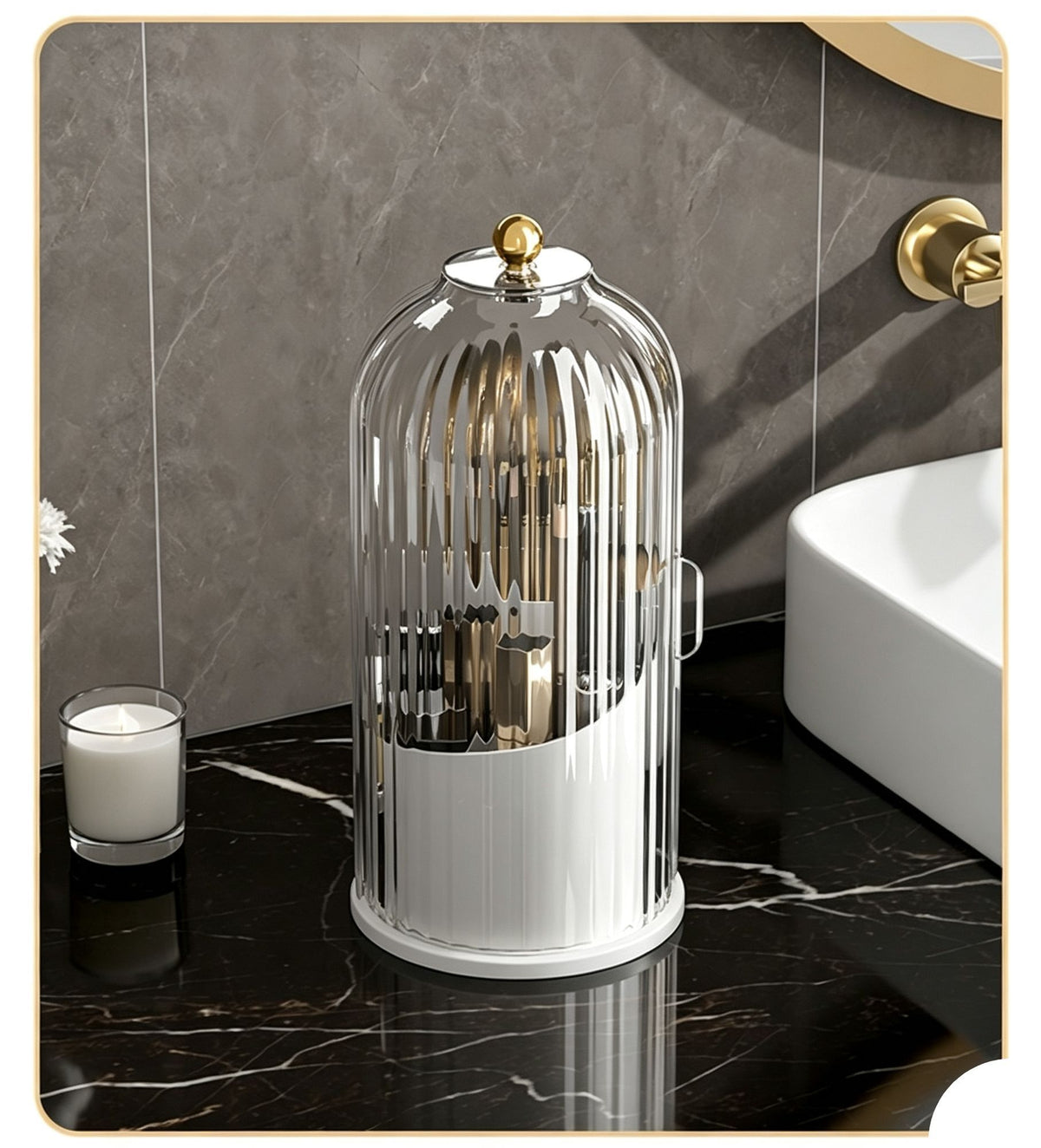 Rotating Birdcage Desk & Vanity Organiser, Dustproof Divided Storage Holder for Cosmetics, Skincare, Stationery, Toothbrushes & Cutlery, Transparent White, Christmas & Halloween Household Gift