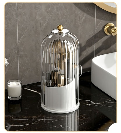 Rotating Birdcage Desk & Vanity Organiser, Dustproof Divided Storage Holder for Cosmetics, Skincare, Stationery, Toothbrushes & Cutlery, Transparent White, Christmas & Halloween Household Gift