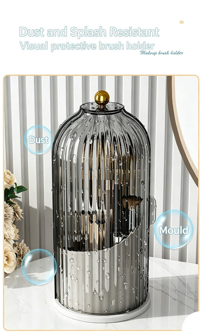 Rotating Birdcage Desk & Vanity Organiser, Dustproof Divided Storage Holder for Cosmetics, Skincare, Stationery, Toothbrushes & Cutlery, Transparent White, Christmas & Halloween Household Gift