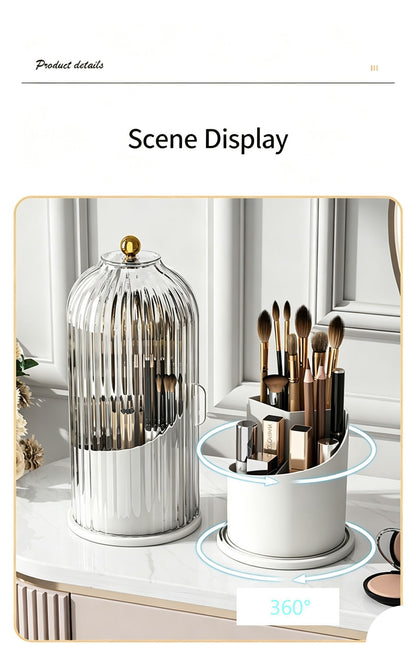 Rotating Birdcage Desk & Vanity Organiser, Dustproof Divided Storage Holder for Cosmetics, Skincare, Stationery, Toothbrushes & Cutlery, Transparent White, Christmas & Halloween Household Gift
