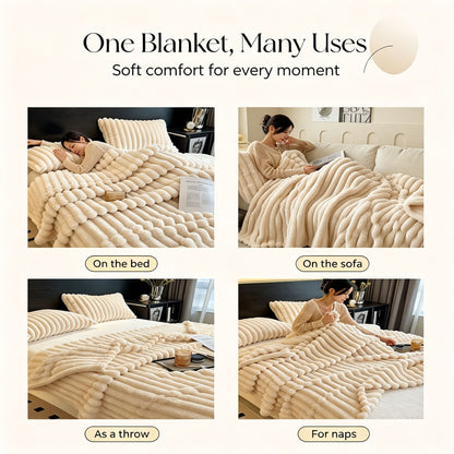 Plush Bunny Fleece Single Wide Blanket Thick Flannel Sofa Nap Throw Off White 180×200cm for Christmas Gifting