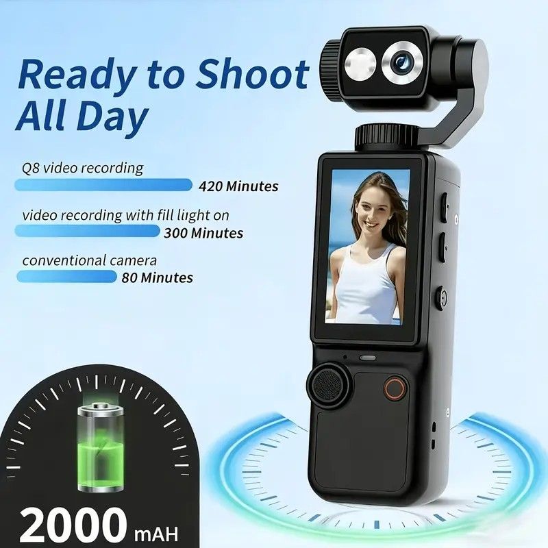 Full HD Handheld Action Camera with 16GB Memory, Portable Pocket Gimbal Camera for Outdoor Travel Vlogging, Featuring a Handheld Gimbal and 1.9-inch Screen.black