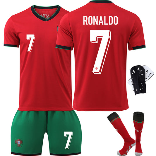2425 Portugal Shirt EM Cup Kids Football Shirt Set No.7 RONALDO With socks+protective gear L