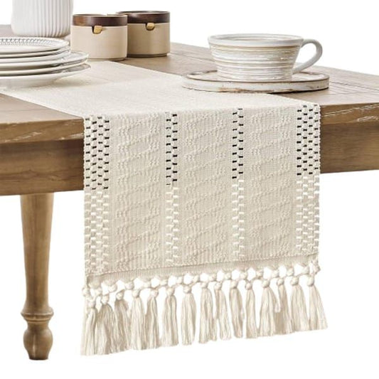 Table Runner, Boho‑Style Woven Table Runner with Knotted Tassels, Farmhouse Home Table Decor, White, 30 × 240 cm