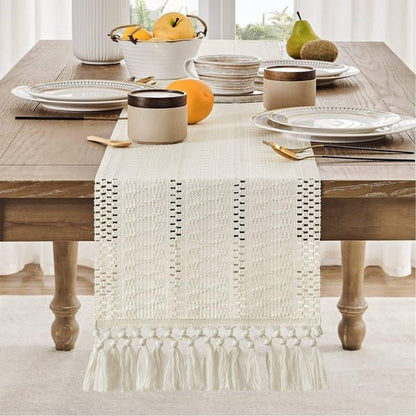 Table Runner, Boho‑Style Woven Table Runner with Knotted Tassels, Farmhouse Home Table Decor, White, 30 × 240 cm