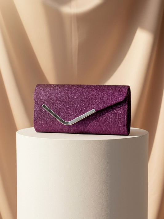 Women Fashion Wedding Evening Clutch Bag, V‑Shaped Metal Trim Versatile Chain Formal Party Handbag for Prom Banquet, Purple
