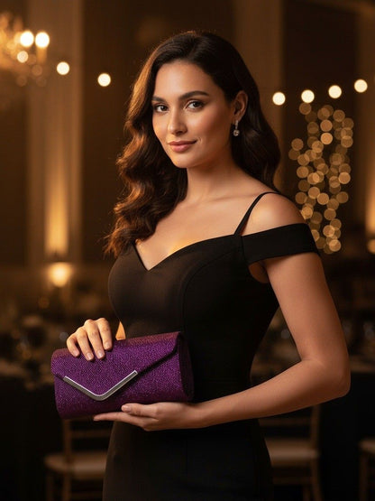 Women Fashion Wedding Evening Clutch Bag, V‑Shaped Metal Trim Versatile Chain Formal Party Handbag for Prom Banquet, Purple