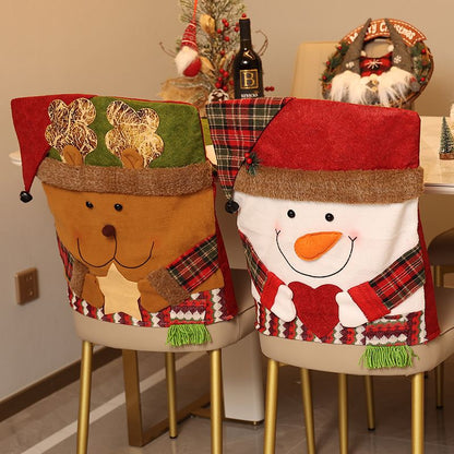 Snowman & Reindeer Christmas Chair Covers, 2 Pack Xmas Dining Chair Slipcovers, Plaid Fabric Chair Back Covers for Holiday Dinner Party Decor