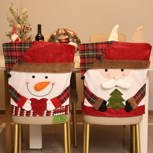 Santa & Snowman Christmas Chair Covers, 2 Pack Xmas Dining Chair Slipcovers, Plaid Fabric Chair Back Covers for Holiday Dinner Party Decor