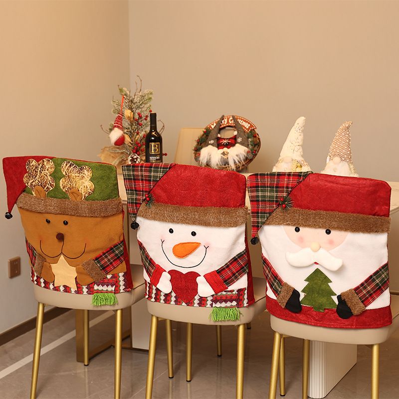 Santa, Snowman & Reindeer Christmas Chair Covers, 3 Pack Xmas Dining Chair Slipcovers, Plaid Fabric Chair Back Covers for Holiday Dinner Party Decor