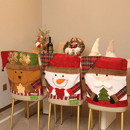 Santa, Snowman & Reindeer Christmas Chair Covers, 3 Pack Xmas Dining Chair Slipcovers, Plaid Fabric Chair Back Covers for Holiday Dinner Party Decor