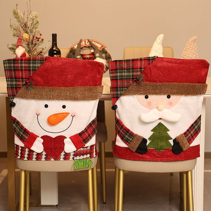 Santa, Snowman & Reindeer Christmas Chair Covers, 3 Pack Xmas Dining Chair Slipcovers, Plaid Fabric Chair Back Covers for Holiday Dinner Party Decor