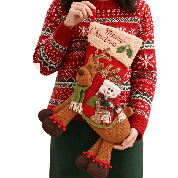 Snowman Riding Reindeer Christmas Stocking, Large Plush Hanging Gift Bag, Xmas Fireplace Mantel & Party Decoration