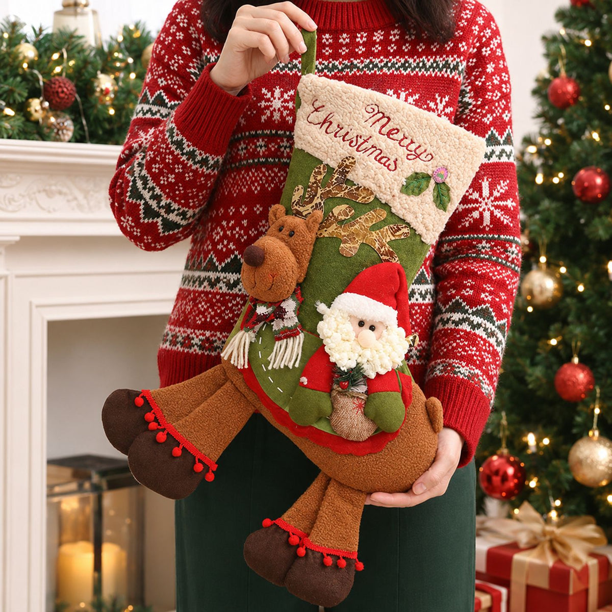 Santa Claus Riding Reindeer Christmas Stocking, Large Plush Hanging Gift Bag, Xmas Fireplace Mantel & Party Decoration