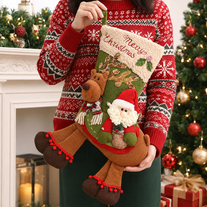Santa Claus Riding Reindeer Christmas Stocking, Large Plush Hanging Gift Bag, Xmas Fireplace Mantel & Party Decoration
