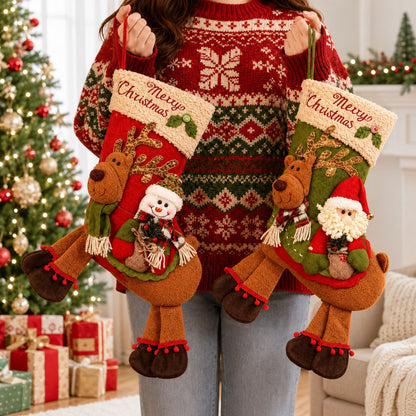 2 Pack Christmas Stockings, Santa & Snowman Riding Reindeer Large Plush Hanging Gift Bags, Xmas Fireplace Mantel & Party Decorations