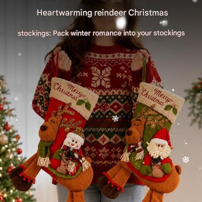2 Pack Christmas Stockings, Santa & Snowman Riding Reindeer Large Plush Hanging Gift Bags, Xmas Fireplace Mantel & Party Decorations