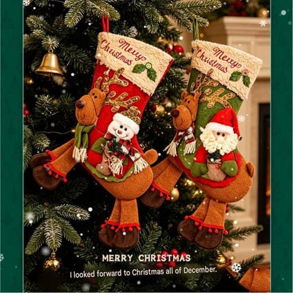 2 Pack Christmas Stockings, Santa & Snowman Riding Reindeer Large Plush Hanging Gift Bags, Xmas Fireplace Mantel & Party Decorations