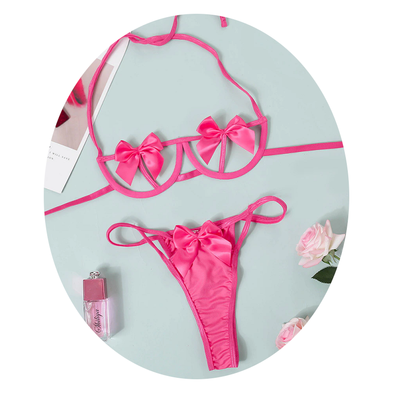 House Of Dasein Gift Bow Halter Bra Panties Lingerie Set For Women Black Red Yellow Pin - Pink - L