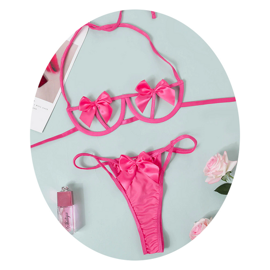 House Of Dasein Gift Bow Halter Bra Panties Lingerie Set For Women Black Red Yellow Pin - Pink - L
