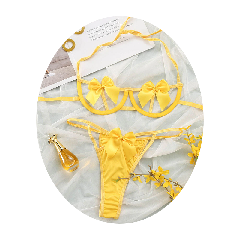House Of Dasein Gift Bow Halter Bra Panties Lingerie Set For Women Black Red Yellow Pin - Yellow - L