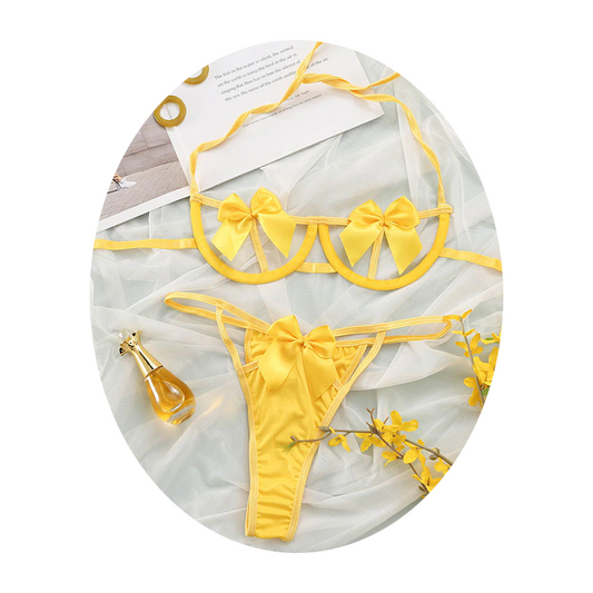 House Of Dasein Gift Bow Halter Bra Panties Lingerie Set For Women Black Red Yellow Pin - Yellow - L
