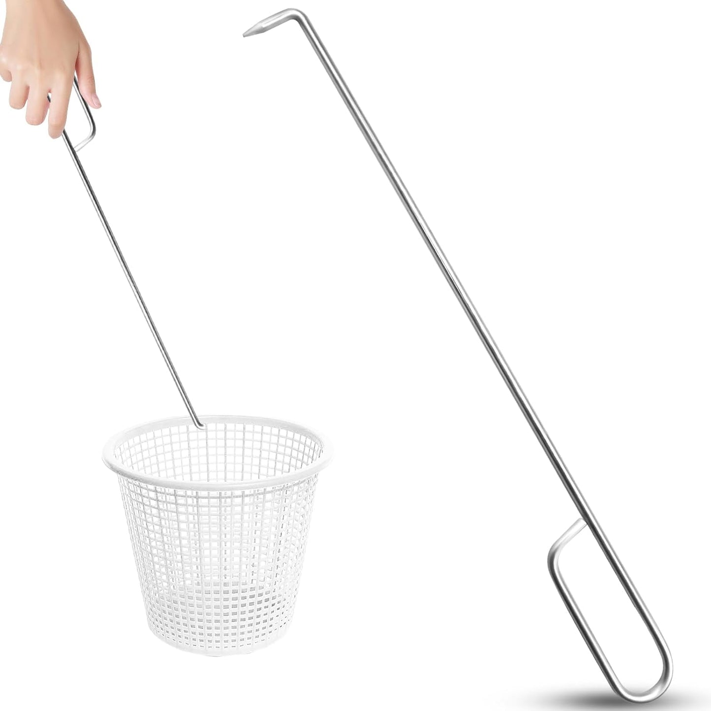 Pool Skimmer Basket Hook Tool, Stainless Steel Pool Skimmer Hook Extended Knee Protection Skimmer Basket Handle for Cleaning Swimming Pool Debris Skimmer Hook, Keep Your Hand Safe Skimmer Basket Hook