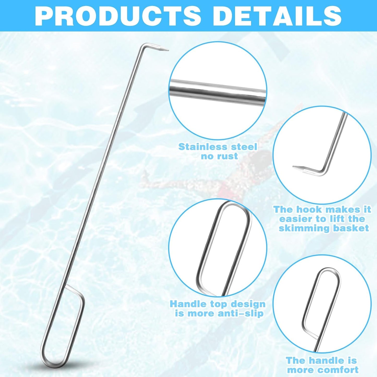 Pool Skimmer Basket Hook Tool, Stainless Steel Pool Skimmer Hook Extended Knee Protection Skimmer Basket Handle for Cleaning Swimming Pool Debris Skimmer Hook, Keep Your Hand Safe Skimmer Basket Hook