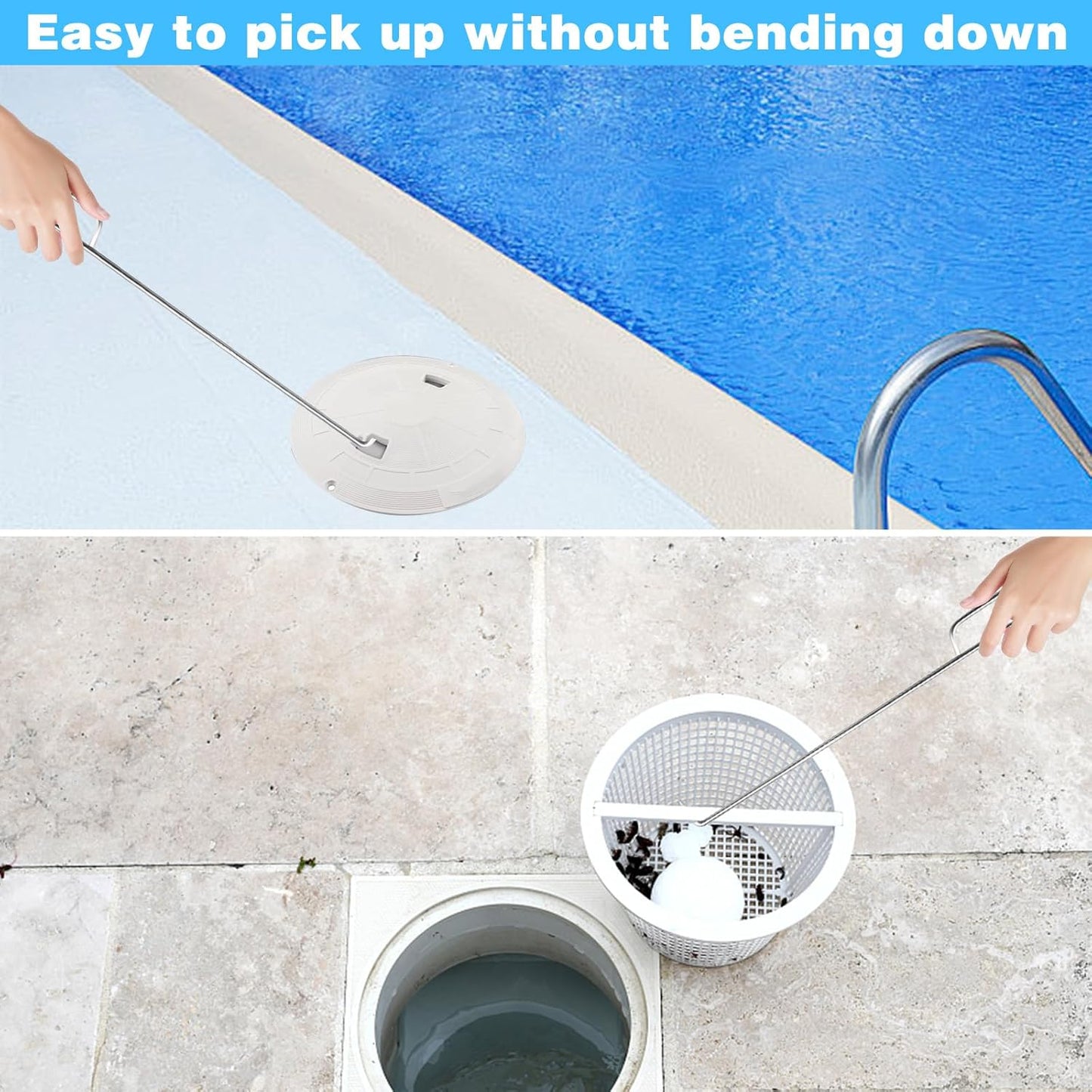 Pool Skimmer Basket Hook Tool, Stainless Steel Pool Skimmer Hook Extended Knee Protection Skimmer Basket Handle for Cleaning Swimming Pool Debris Skimmer Hook, Keep Your Hand Safe Skimmer Basket Hook
