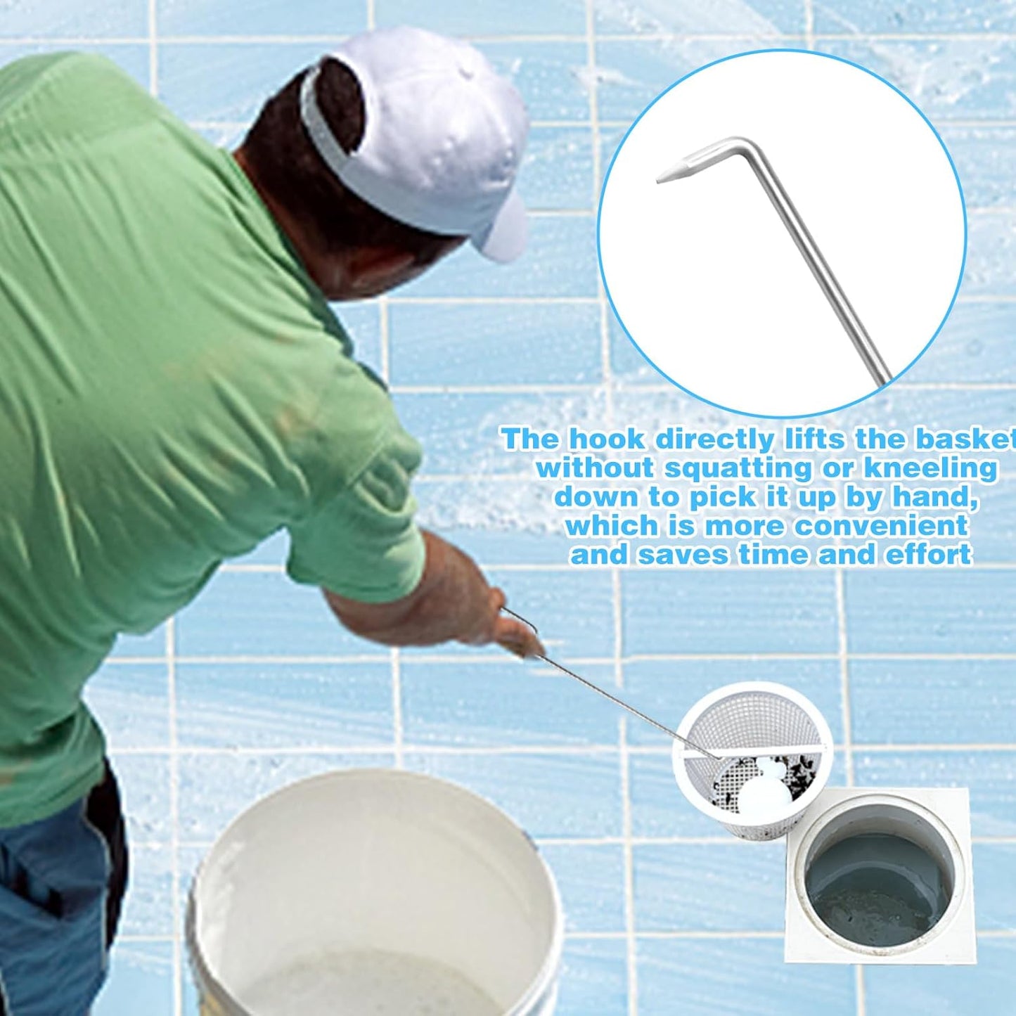 Pool Skimmer Basket Hook Tool, Stainless Steel Pool Skimmer Hook Extended Knee Protection Skimmer Basket Handle for Cleaning Swimming Pool Debris Skimmer Hook, Keep Your Hand Safe Skimmer Basket Hook