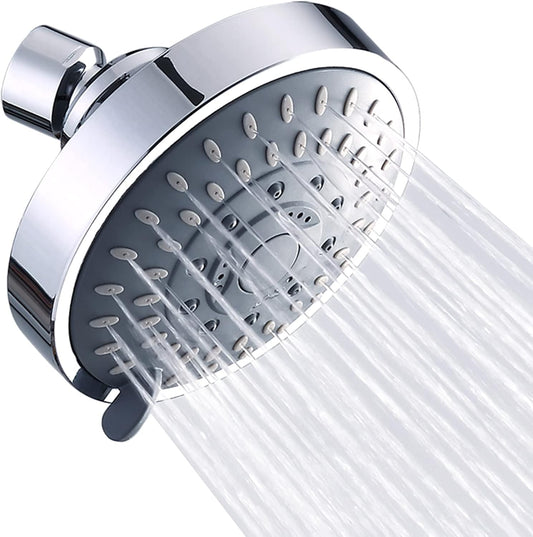 Shower Head, High Pressure Shower Heads 4.1 Inch 5 Settings Rain High Flow Fixed Showerhead for Luxury Shower Experience Even at Low Water Pressure, Chrome