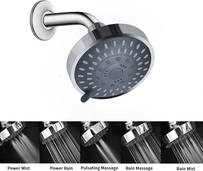 Shower Head, High Pressure Shower Heads 4.1 Inch 5 Settings Rain High Flow Fixed Showerhead for Luxury Shower Experience Even at Low Water Pressure, Chrome