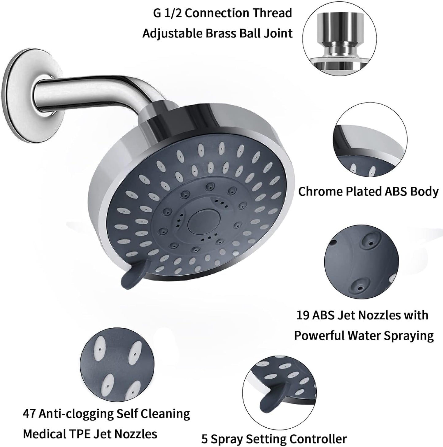 Shower Head, High Pressure Shower Heads 4.1 Inch 5 Settings Rain High Flow Fixed Showerhead for Luxury Shower Experience Even at Low Water Pressure, Chrome