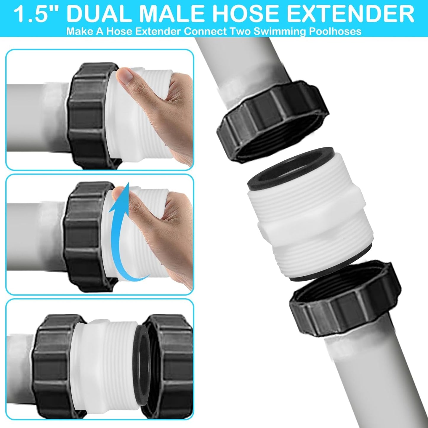 2Pcs 1.5’to 1.5’ Pool Hose Adapter, Pool Hose Connector Coupling Above Ground Pool Hose Adapter Compatible with Intex, Garden Hose Extender with 2 Rings Gaskets for 1.5 Inch Above Ground Pool Hose