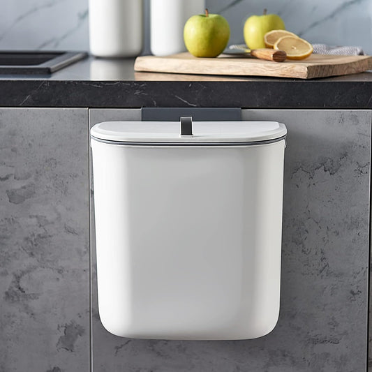 Compost Bin, 2.5 Gallon Hanging Trash Can with Lid, Kitchen Cabinet Door Under Sink Plastic Garbage Can Wall Mounted Slide Open, White